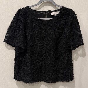 LOFT Sheer Black Textured Floral Women's Top Size Medium‎